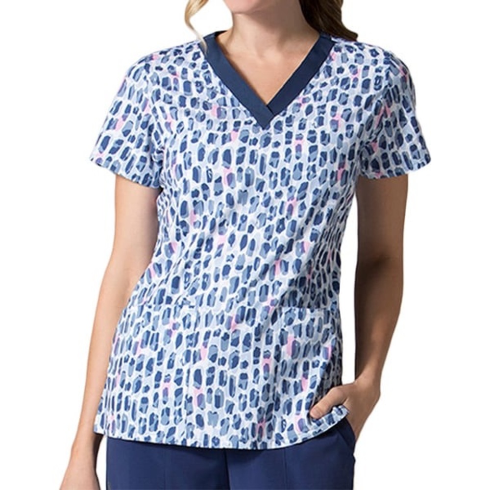 Prints by Maevn XS Scrub Top - Blue & Pink Modern Watercolor Brushstroke Dots